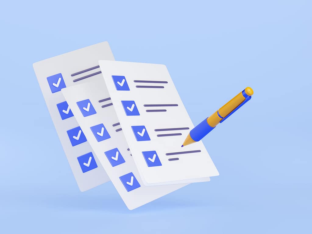 3d illustration of pen putting blue ticks on paper